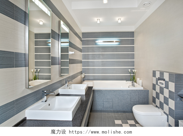 灰色调的马赛克现代浴室现代浴室在蓝色和灰色